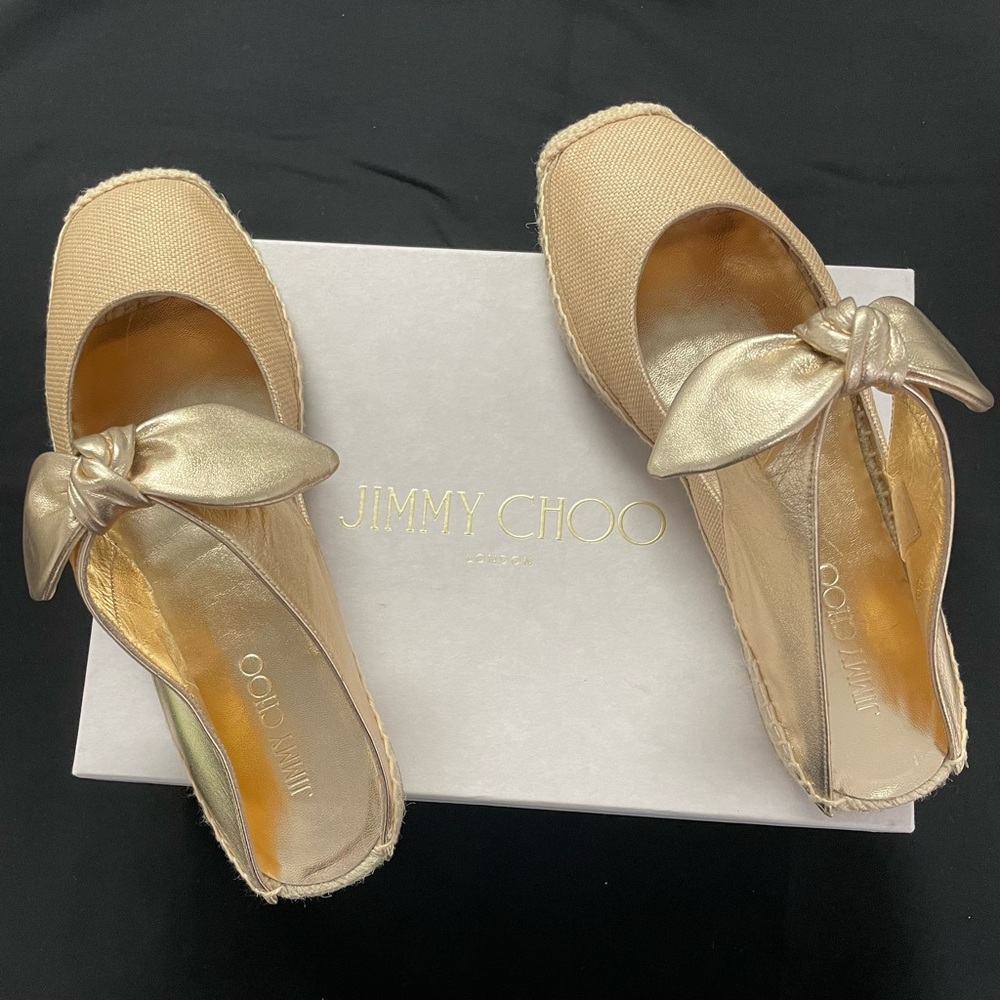 Jimmy Choo Metallic Gold Bow Espadrille Slip-Ons